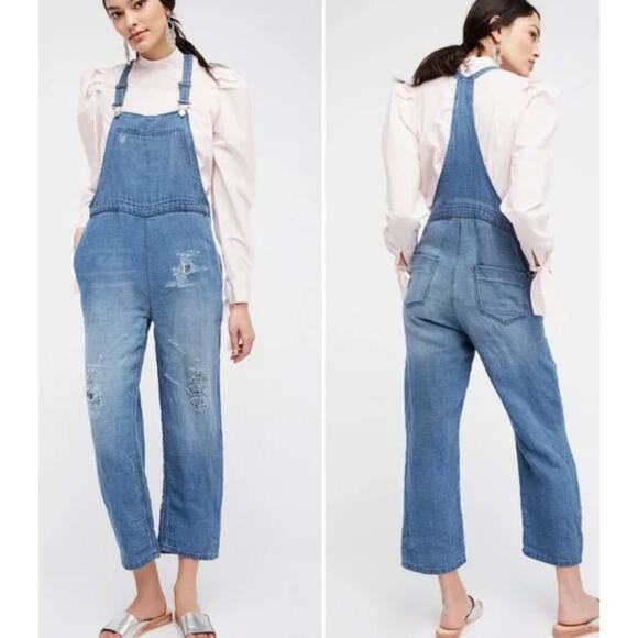 Free People chambray distressed overalls - Picture 2 of 6